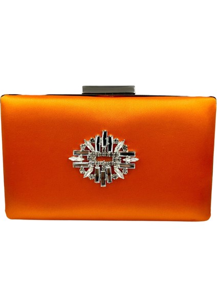 Turuncu Renk Saten Gümüş Kasalı Gümüş Taşlı Abiye Çanta Gece Çantası Düğün Nişan Portföy