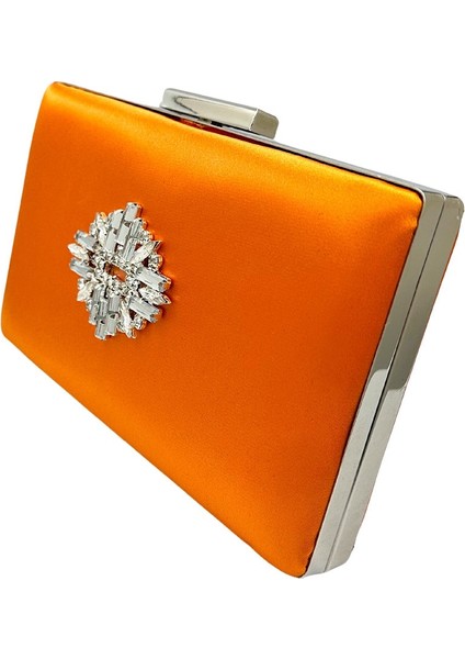 Turuncu Renk Saten Gümüş Kasalı Gümüş Taşlı Abiye Çanta Gece Çantası Düğün Nişan Portföy fiyatları