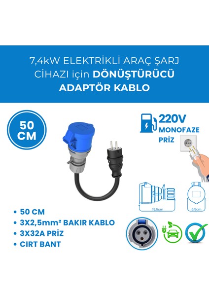 7,4kW Elektrikli Araç Şarj Cihazı için 50Cm Monofaze Fişli Dönüştürücü Adaptör