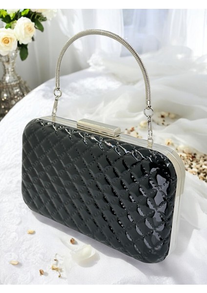 Siyah Lüks Rugan Kapitone Desenli Metal Saplı Kadın Abye Çanta Düğün Nişan Mezuniyet