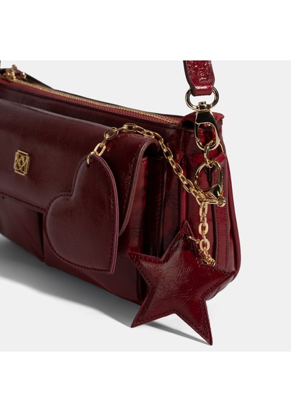 Kadın Bordo Yıldız / Kalp Charm Aksesuarlı Omuz Çantası