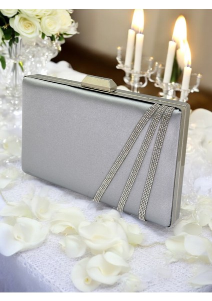 Gri Renk Saten Çapraz Kristal Gümüş Taşlı Kadın Abiye Çanta Düğün Nişan Mezuniyet