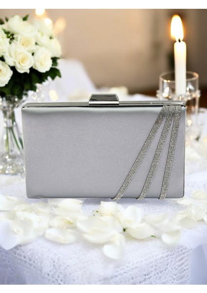 Gri Renk Saten Çapraz Kristal Gümüş Taşlı Kadın Abiye Çanta Düğün Nişan Mezuniyet fiyatları