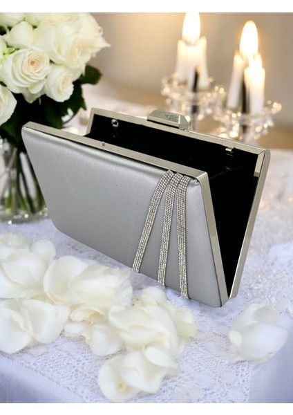 Gri Renk Saten Çapraz Kristal Gümüş Taşlı Kadın Abiye Çanta Düğün Nişan Mezuniyet modelleri