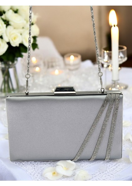 Gri Renk Saten Çapraz Kristal Gümüş Taşlı Kadın Abiye Çanta Düğün Nişan Mezuniyet fırsatları