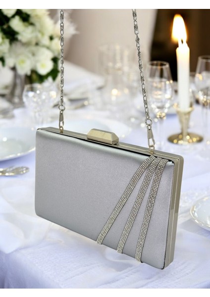 Gri Renk Saten Çapraz Kristal Gümüş Taşlı Kadın Abiye Çanta Düğün Nişan Mezuniyet indirimleri