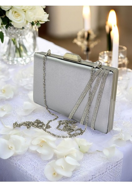 Gri Renk Saten Çapraz Kristal Gümüş Taşlı Kadın Abiye Çanta Düğün Nişan Mezuniyet