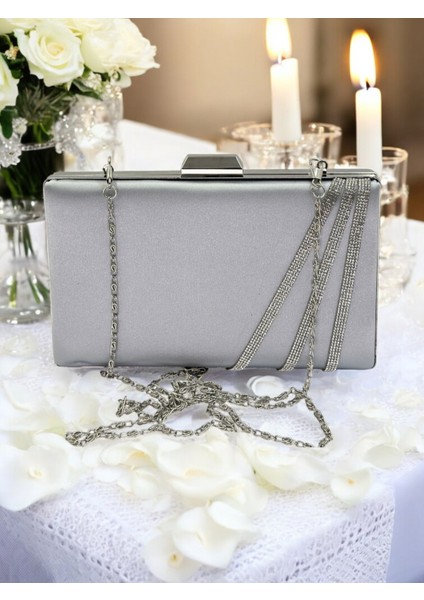 Gri Renk Saten Çapraz Kristal Gümüş Taşlı Kadın Abiye Çanta Düğün Nişan Mezuniyet