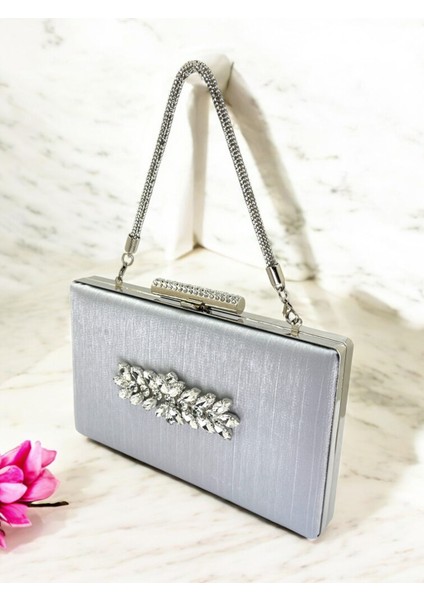 Gri Taşlı Saplı Renk El Izi Yapmayan Simli Saten Kristal Taşlı Kadın Abiye Çanta Düğün Nişan