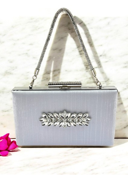 Gri Taşlı Saplı Renk El Izi Yapmayan Simli Saten Kristal Taşlı Kadın Abiye Çanta Düğün Nişan fiyatları