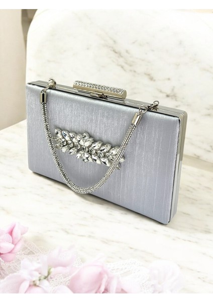 Gri Taşlı Saplı Renk El Izi Yapmayan Simli Saten Kristal Taşlı Kadın Abiye Çanta Düğün Nişan modelleri