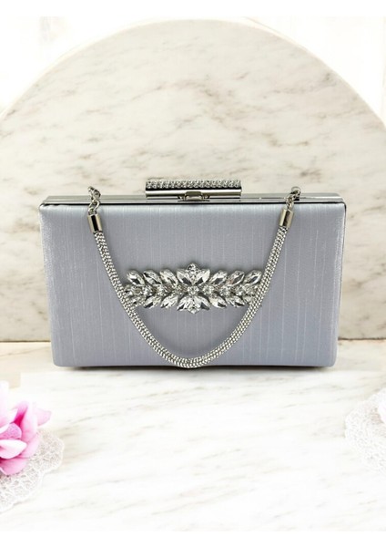 Gri Taşlı Saplı Renk El Izi Yapmayan Simli Saten Kristal Taşlı Kadın Abiye Çanta Düğün Nişan fırsatları