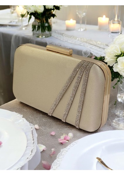 Nude Renk Saten Altın Taşlı Abiye Çanta Gece Çantası Nişan Düğün Çantası