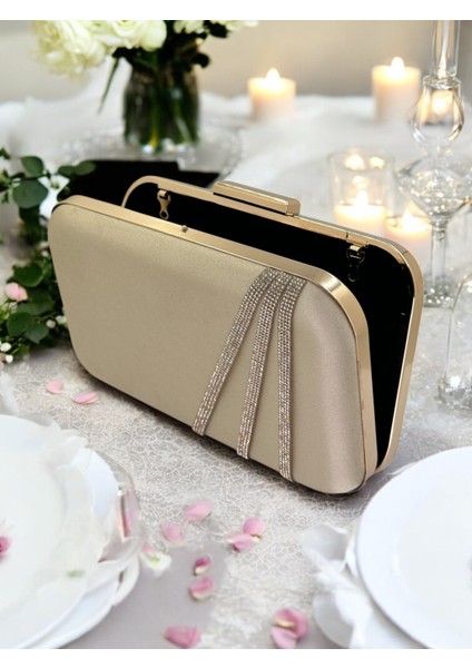 Nude Renk Saten Altın Taşlı Abiye Çanta Gece Çantası Nişan Düğün Çantası modelleri