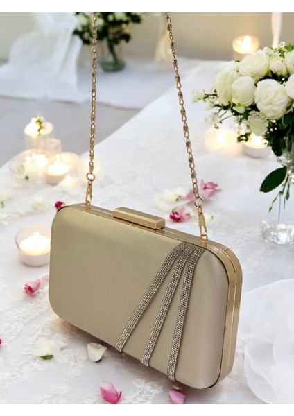 Nude Renk Saten Altın Taşlı Abiye Çanta Gece Çantası Nişan Düğün Çantası indirimleri
