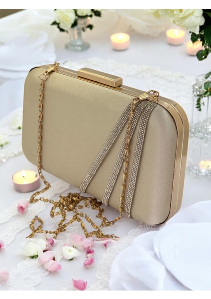 Nude Renk Saten Altın Taşlı Abiye Çanta Gece Çantası Nişan Düğün Çantası