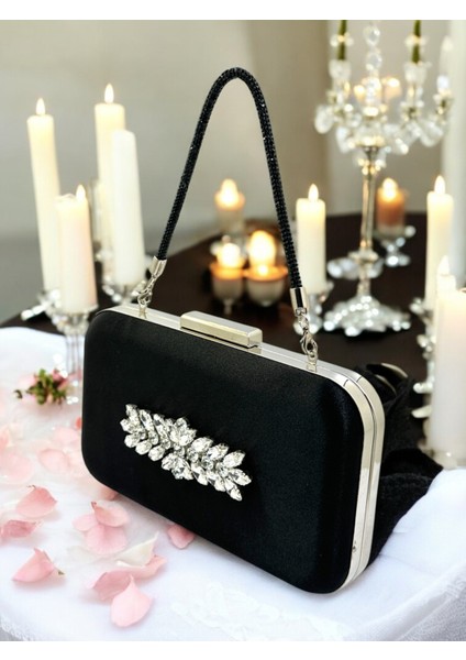 Siyah Renk Saten Taşlı Saplı Kadın Abiye Çanta Düğün Nişan Mezuniyet
