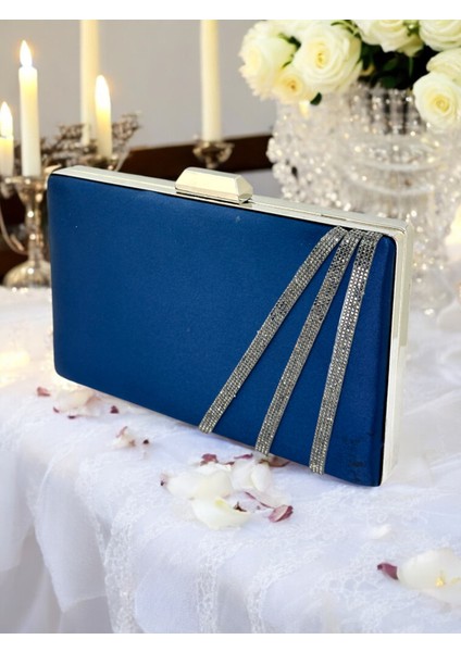 Lacivert Renk Saten Çapraz Kristal Taşlı Kadın Abiye Çanta Düğün Nişan Mezuniyet