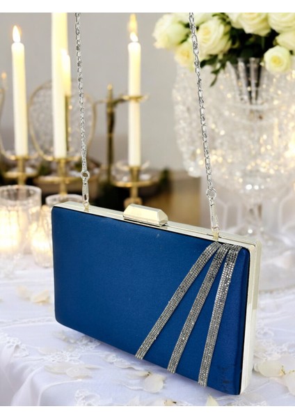 Lacivert Renk Saten Çapraz Kristal Taşlı Kadın Abiye Çanta Düğün Nişan Mezuniyet indirimleri