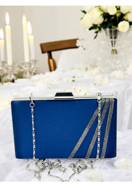 Lacivert Renk Saten Çapraz Kristal Taşlı Kadın Abiye Çanta Düğün Nişan Mezuniyet