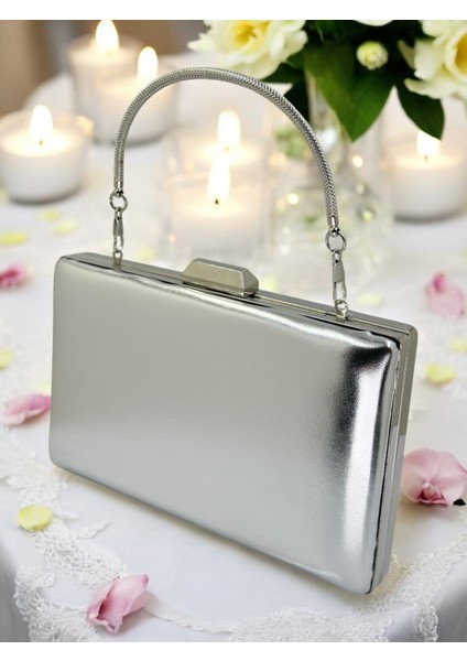 Gümüş Gri Lame Renk Cilt Deri Mat Deri Abiye Çanta Gece Çantası Nişan Düğün Çantası