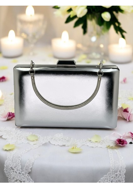 Gümüş Gri Lame Renk Cilt Deri Mat Deri Abiye Çanta Gece Çantası Nişan Düğün Çantası