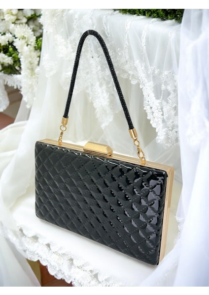 Siyah Lüks Rugan Kapitone Desenli Kadın Abye Çanta Düğün Nişan Mezuniyet