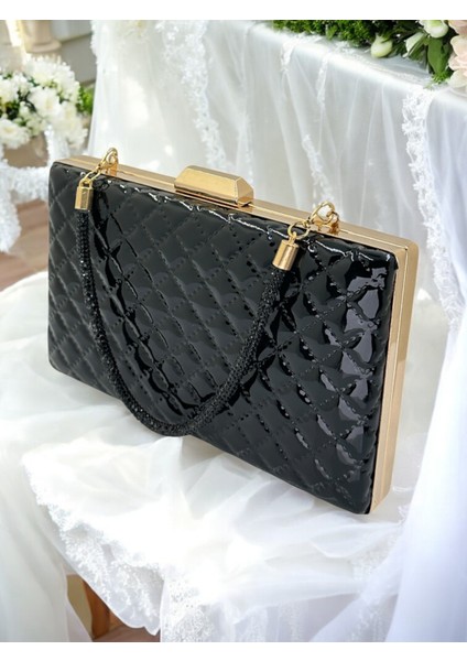 Siyah Lüks Rugan Kapitone Desenli Kadın Abye Çanta Düğün Nişan Mezuniyet