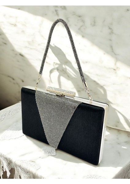Siyah Taşlı Saplı Simli Saten Üzeri Platin Kristal Taş Süslemeli Kadın Abiye Çanta