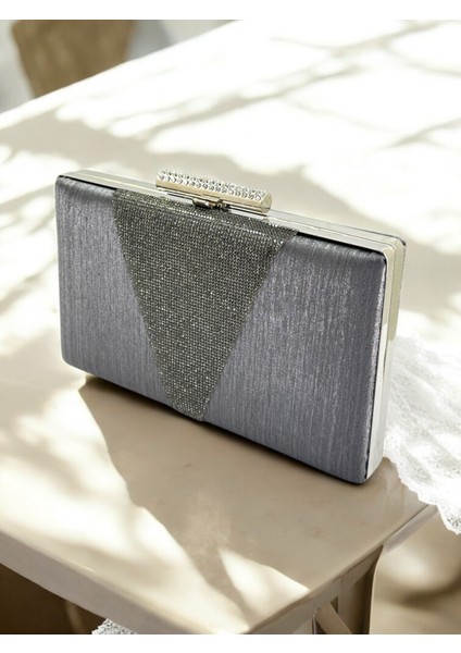 Antrasit Gri Platin Simli Saten Üzeri Kristal Taş Süslemeli Kadın Abiye Çanta