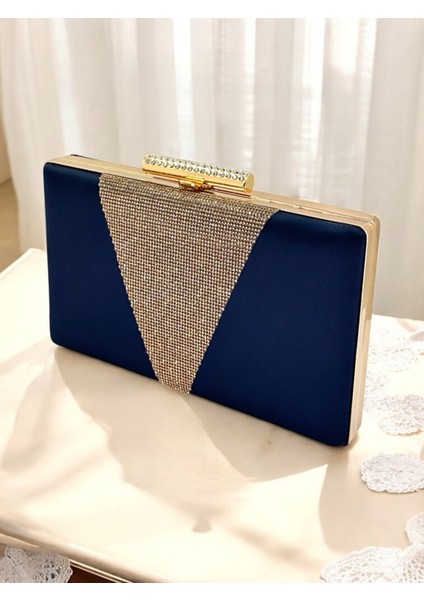 Lacivert Renk Saten Altın Renk Kristal Taşlı Kadın Abiye Çanta Düğün Mezuniyet Nişan