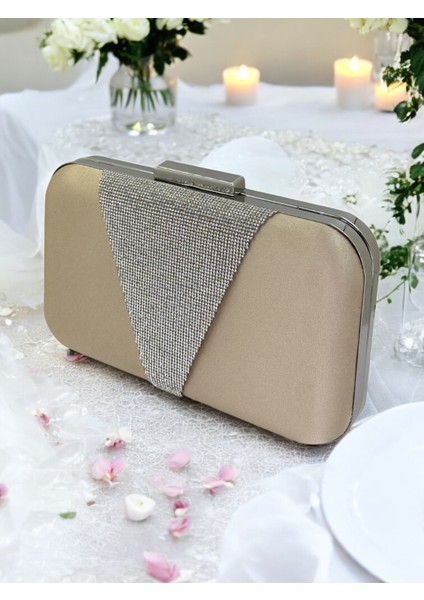 Nude Renk Saten Gümüş Taşlı Abiye Çanta Gece Çantası Nişan Düğün Çantası