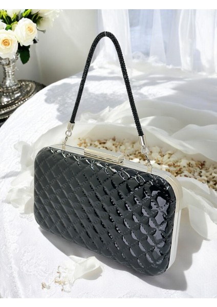 Siyah Lüks Rugan Taşlı Saplı Kapitone Desenli Kadın Abye Çanta Düğün Nişan Mezuniyet