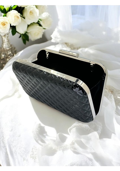 Siyah Lüks Rugan Taşlı Saplı Kapitone Desenli Kadın Abye Çanta Düğün Nişan Mezuniyet modelleri