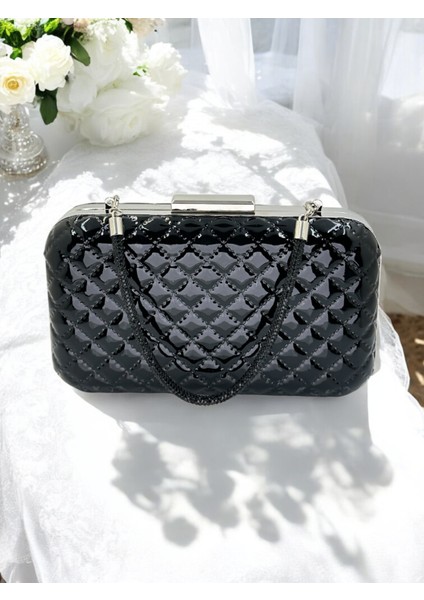 Siyah Lüks Rugan Taşlı Saplı Kapitone Desenli Kadın Abye Çanta Düğün Nişan Mezuniyet
