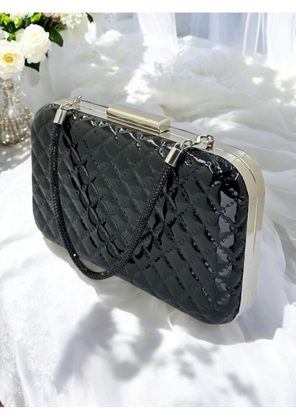 Siyah Lüks Rugan Taşlı Saplı Kapitone Desenli Kadın Abye Çanta Düğün Nişan Mezuniyet