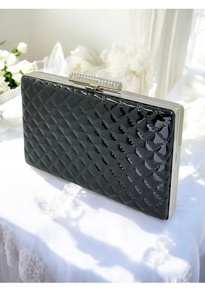 Siyah Lüks Rugan Kapitone Desenli Kadın Abye Çanta Düğün Nişan Mezuniyet