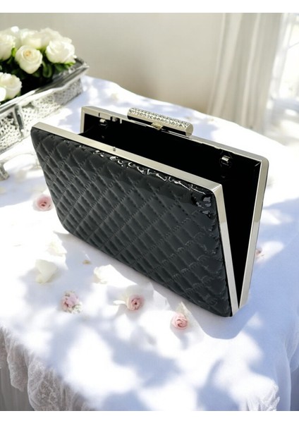 Siyah Lüks Rugan Kapitone Desenli Kadın Abye Çanta Düğün Nişan Mezuniyet modelleri