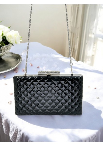 Siyah Lüks Rugan Kapitone Desenli Kadın Abye Çanta Düğün Nişan Mezuniyet fırsatları