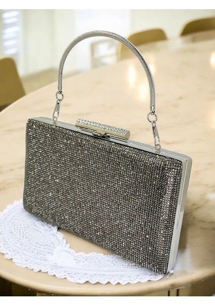 Platin Renk Iki Tarıfıda Komple Taşlı Metal Saplı Kadın Abiye Çanta Düğün Nişan Mezuniyet