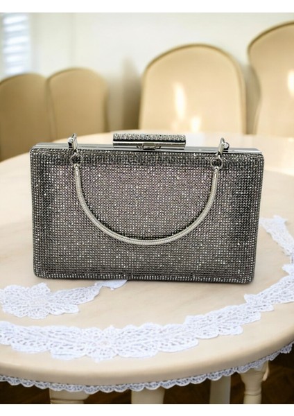 Platin Renk Iki Tarıfıda Komple Taşlı Metal Saplı Kadın Abiye Çanta Düğün Nişan Mezuniyet