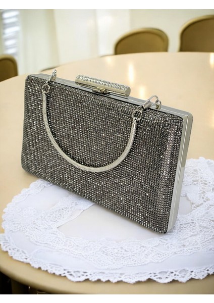 Platin Renk Iki Tarıfıda Komple Taşlı Metal Saplı Kadın Abiye Çanta Düğün Nişan Mezuniyet