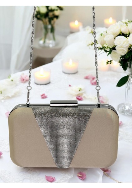 Nude Renk Saten Gümüş Taşlı Abiye Çanta Gece Çantası Nişan Düğün Çantası fırsatları