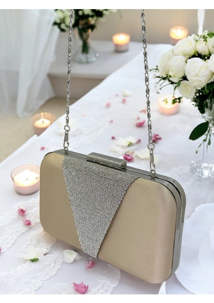 Nude Renk Saten Gümüş Taşlı Abiye Çanta Gece Çantası Nişan Düğün Çantası indirimleri
