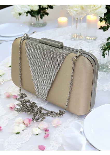 Nude Renk Saten Gümüş Taşlı Abiye Çanta Gece Çantası Nişan Düğün Çantası