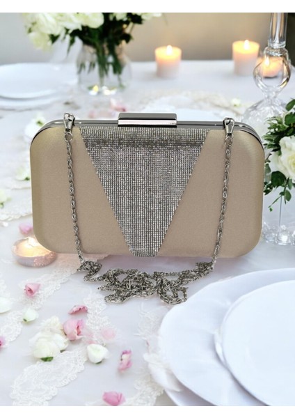 Nude Renk Saten Gümüş Taşlı Abiye Çanta Gece Çantası Nişan Düğün Çantası
