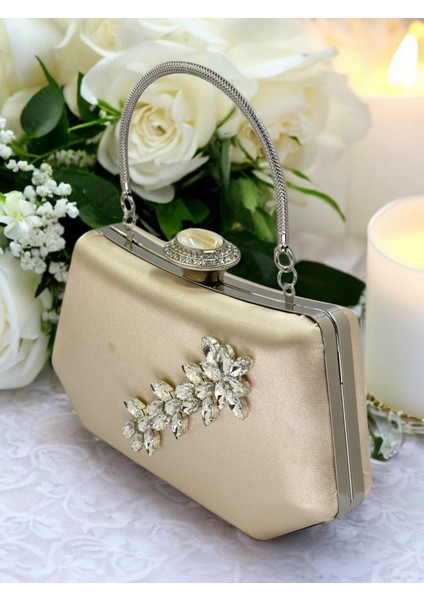 Ten Nude Renk Gümüş Kristal Taşlı Zarif Tasarım Metal Saplı Abiye Çantası