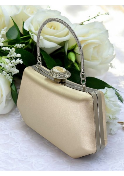 Ten Renk Gümüş Kristal Taşlı Zarif Tasarım Metal Saplı Abiye Çantası