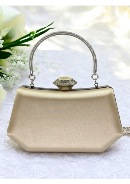 Ten Renk Gümüş Kristal Taşlı Zarif Tasarım Metal Saplı Abiye Çantası fiyatları