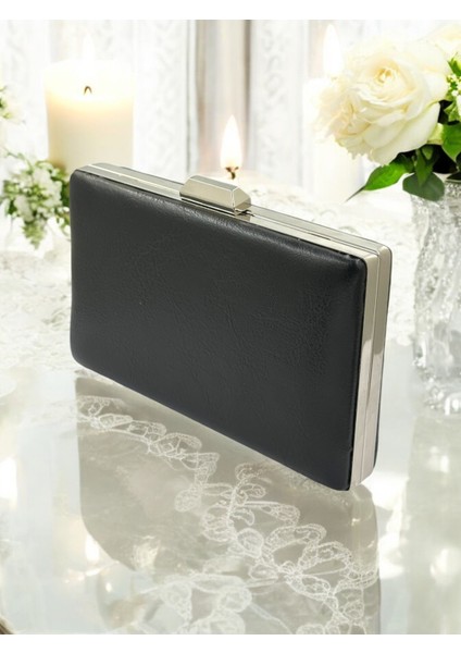 Siyah Kırışık Cilt Deri Metalik Renk Zincir Askılı Abiye Çanta Düğün Nişan Mezuniyet